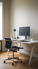 minimalist workspace featuring sleek black chair, modern monitor, and stylish desk lamp. clean lines and neutral tones create calm and productive environment