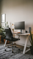 minimalist workspace featuring black chair, computer monitor, and various indoor plants creates serene and productive environment. clean lines and natural elements enhance focus and creativity