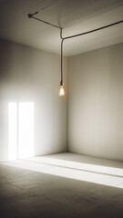 single lightbulb hangs from ceiling in minimalist room, casting soft shadows on floor. natural light from windows enhances serene atmosphere