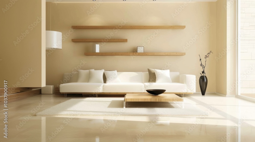 Poster a living room with a white couch and a coffee table. the couch is covered with pillows and the coffe