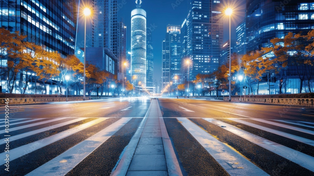 Aufkleber a city street at night with a tall building in the background. the street is empty and the lights fr
