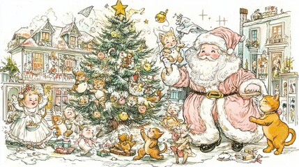 Obraz premium サンタクロース、動物たち、そしてお祝いの装飾品が描かれたビンテージクリスマスシーン