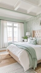 Elegant bedroom featuring soft mint chevron wallpaper, a cozy bed, and natural light through large windows
