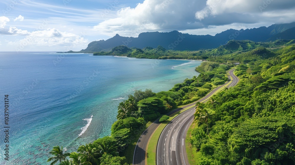 Poster a beautiful beach with a road running along the shore. the road is lined with trees and the ocean is