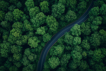 Aerial View of Winding Road Through Lush Green Forest