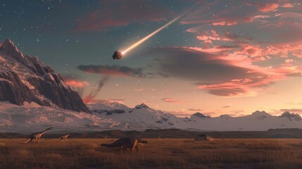 Fototapeta premium Asteroid racing across the sky towards the Patagonian landscape inhabited by dinosaurs during the twilight hours