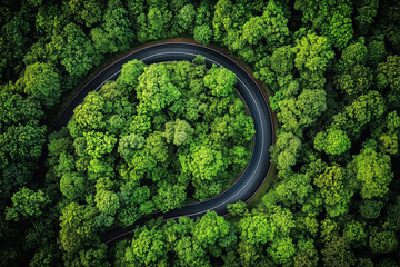 Aerial View of Winding Road Through Lush Green Forest