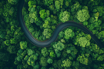 Aerial View of Winding Road Through Lush Green Forest