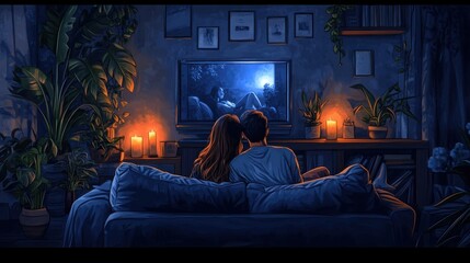 A couple is watching a movie on a television in a dimly lit room