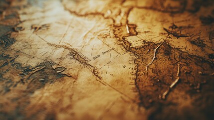 Detailed close-up of an old New World map showing Columbus' route marked on textured paper