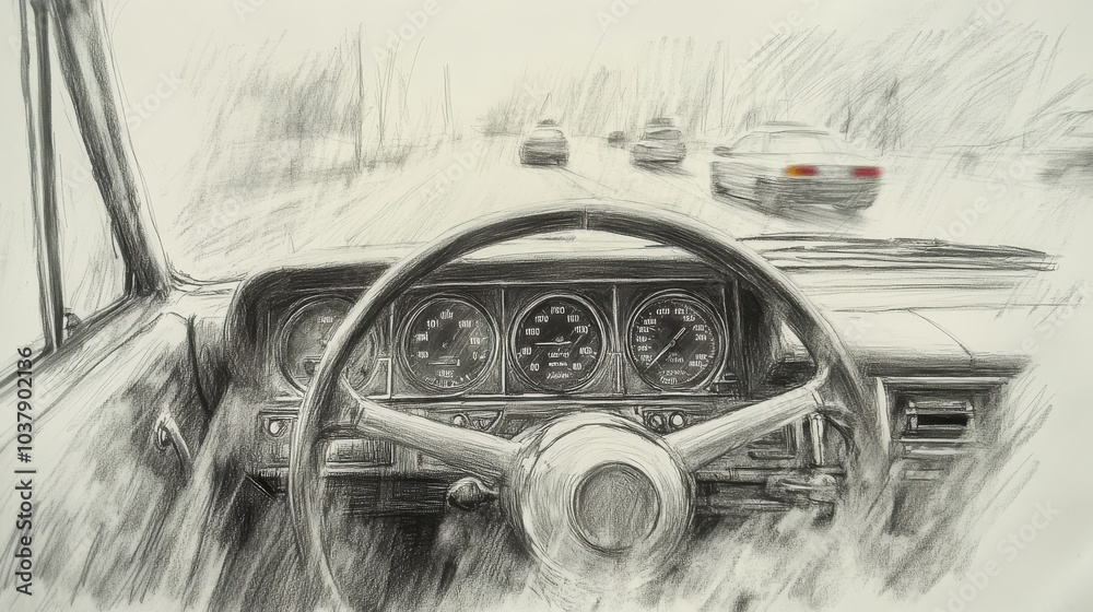 Poster A drawing of a car's dashboard with the speedometer showing a speed of 60 mph