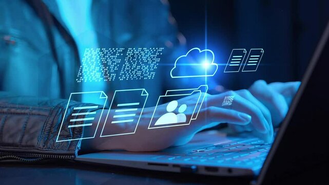 Businessman computer laptop document management, cloud storage online cloud computing database, file storage system digital transformation technology, file access, doc sharing data analyst
