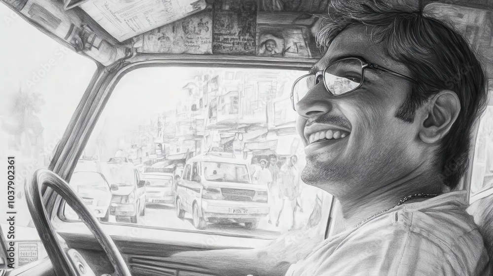 Aufkleber a man is smiling in a car with a drawing of a city in the background