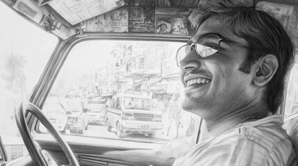 A man is smiling in a car with a drawing of a city in the background