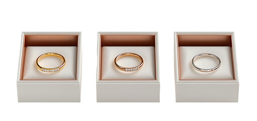 three set of A wedding ring in a box isolated transparent background