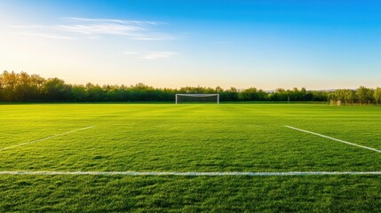 A serene outdoor soccer field with a well-maintained surface and goalposts, surrounded by open fields and a clear blue sky, early evening light adding a tranquil ambiance