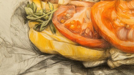 A drawing of a sandwich with tomatoes and basil