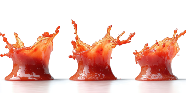 Set of fresh tomatoes splashing in delicious ketchup isolated on a white transparent background 