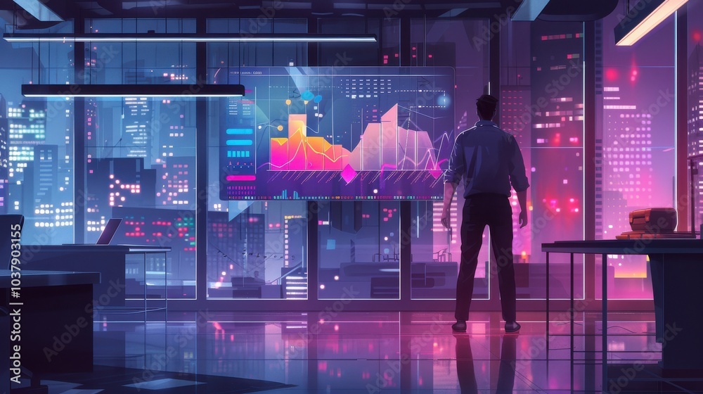 Fototapete a man stands in front of a large monitor displaying a colorful graph. the room is dimly lit, with a 