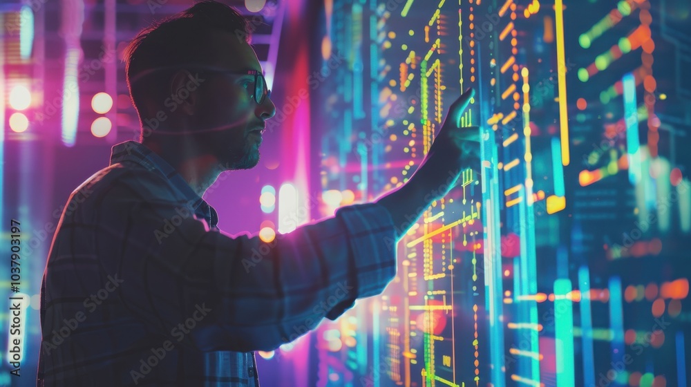 Poster A man is pointing at a computer screen with a colorful background. Concept of technology and innovation, as the man is interacting with the digital display