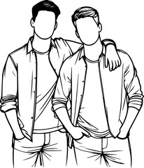 Black Line Art Happy Man Friendship Photo Pose Hand Drawn Illustration