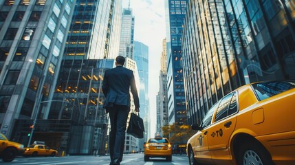 A man in a suit walks down a city street with a briefcase. The scene is bustling with activity,...