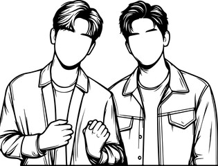 Black Line Art Happy Man Friendship Photo Pose Hand Drawn Illustration