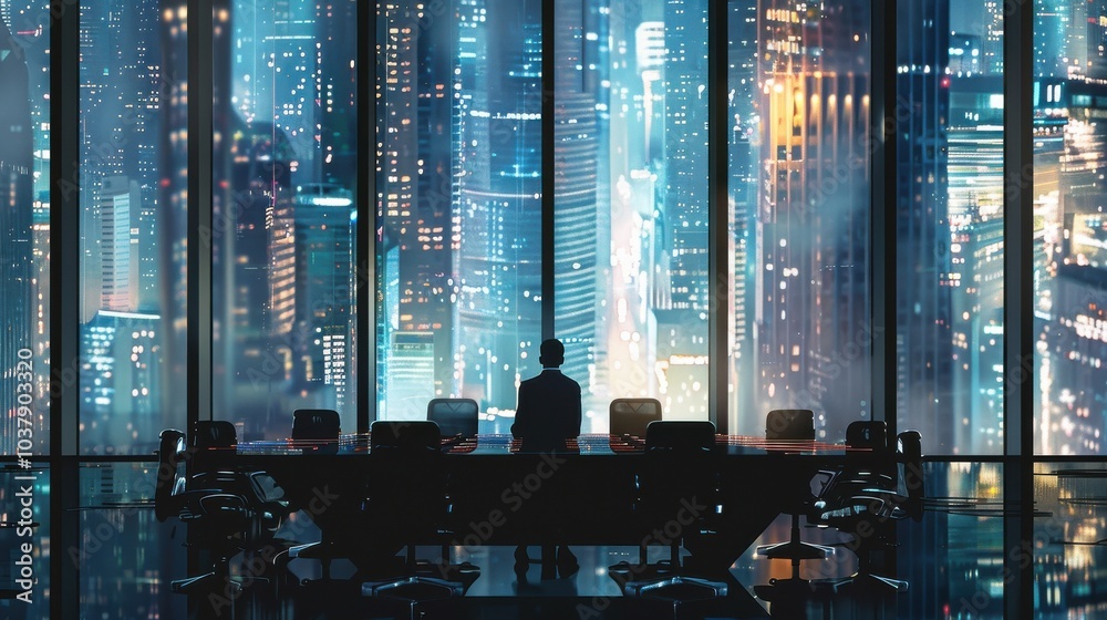 Poster a man sits at a desk in front of a window overlooking a city. the room is filled with chairs and a l