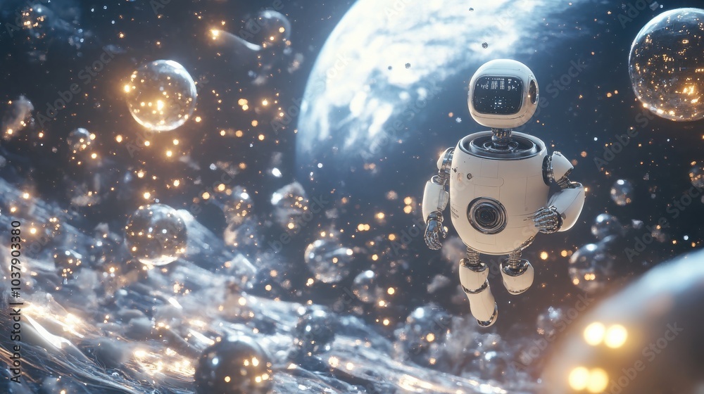 Poster A robot is floating in space with a planet in the background
