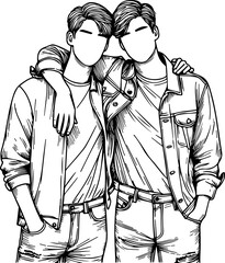 Black Line Art Happy Man Friendship Photo Pose Hand Drawn Illustration