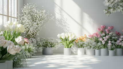 flowers in a vase on the table, flowers at the market, flower shop scenery, florist shop, displaying various flowers on shelves