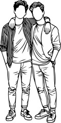Black Line Art Happy Man Friendship Photo Pose Hand Drawn Illustration
