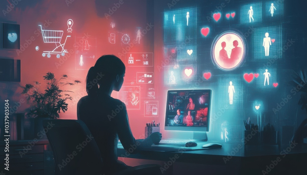 Poster a woman is sitting at a computer desk with a monitor displaying a computer game. the game is a virtu
