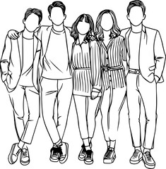 Black Line Art Happy Friendship Photo Pose Hand Drawn Illustration