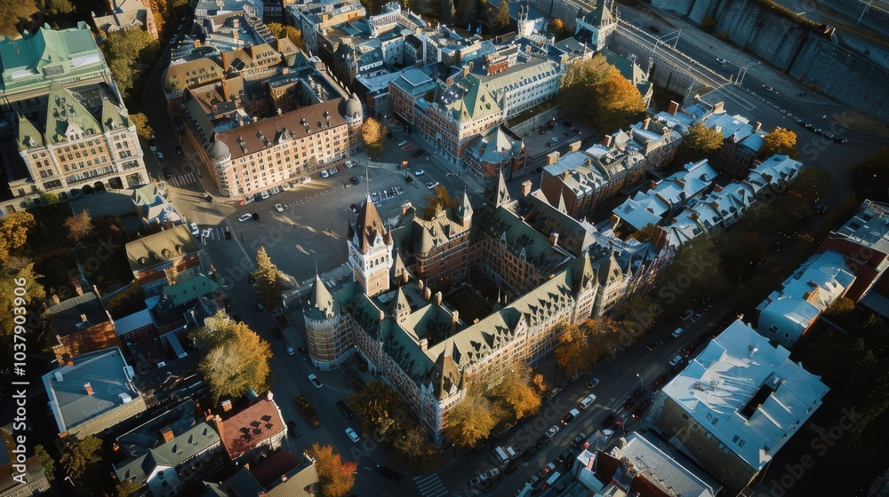 Poster A city view with a large building in the center. The building has a clock tower and is surrounded by other buildings. The sky is clear and the sun is shining