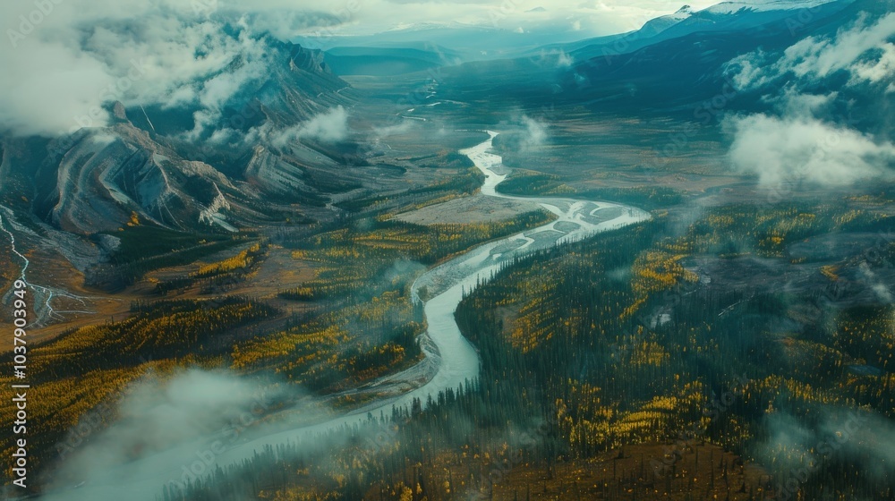 Poster A beautiful landscape with a river running through it. The sky is cloudy and the mountains in the background are covered in snow. The scene is serene and peaceful