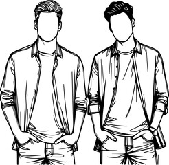 Black Line Art Happy Man Friendship Photo Pose Hand Drawn Illustration