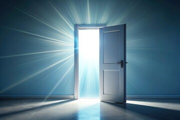 Naklejka premium Long shot image of slightly open door with light shining through against abstract backdrop