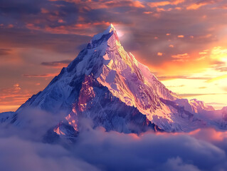 Majestic mountain peak at sunrise, surrounded by clouds and bathed in warm light, creating...