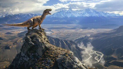 Naklejka premium Aerial view of a giant theropod dinosaur roaring atop a Patagonian mountain ridge under dramatic lighting