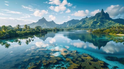 Obraz premium A beautiful blue ocean with mountains in the background. The water is calm and clear, and the sky is cloudy