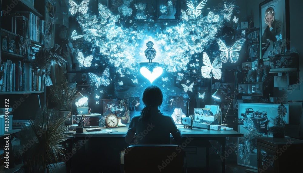 Poster a woman sits at a desk in a room with a large number of butterflies. the butterflies are in various 