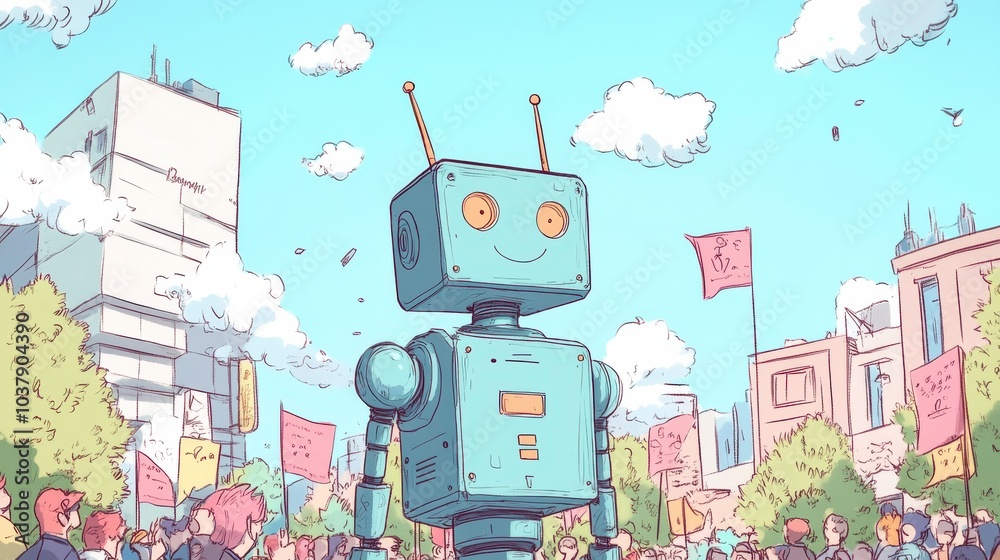 Poster A robot is standing in front of a crowd of people holding a red flag