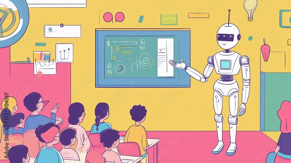 Poster a robot is teaching a class of children