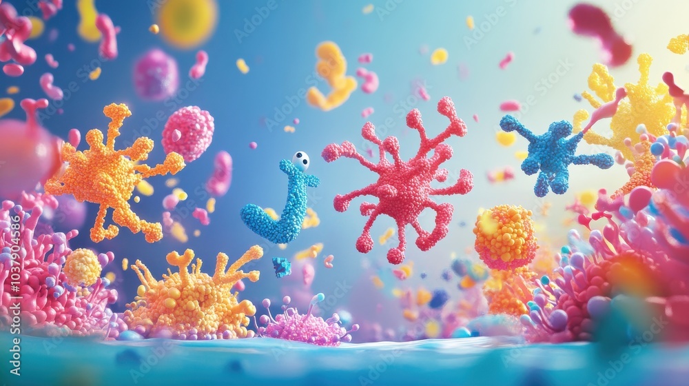 Poster a colorful cartoon of various bacteria and viruses floating in the air