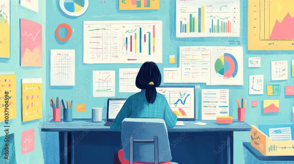 Poster a woman is sitting at a desk with a computer and a wall of graphs behind her