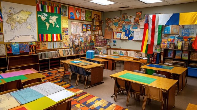 A classroom with a map on the wall and a flag on the wall