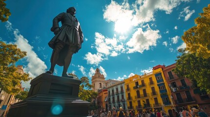 A statue of Christopher Columbus stands in a bustling city square under a bright sky, with tourists...