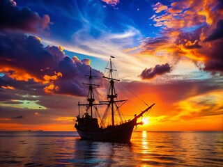 Obraz premium Experience the breathtaking silhouette of a caravel ship amid a colorful sunset sky, ideal for enhancing nautical and