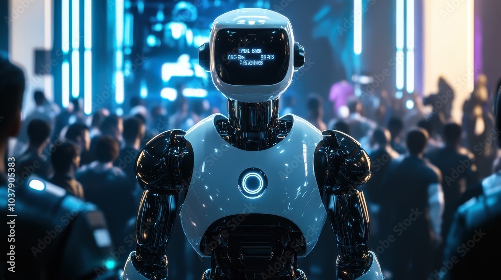 Leinwandbilder a robotic leader inspires a crowd at a futuristic rally while reciting the essential 3 rules of robo